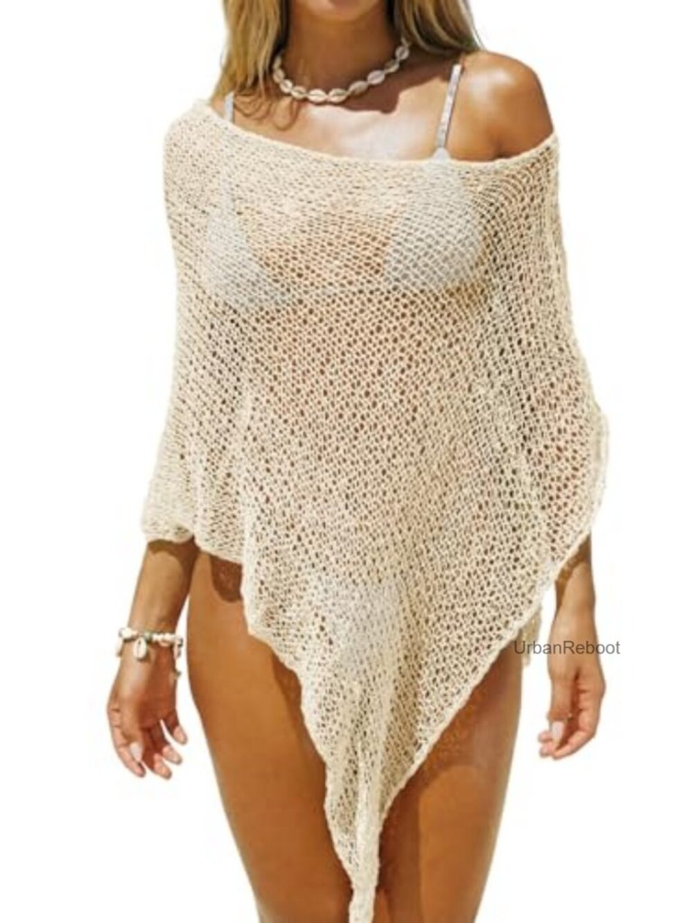 Sheer Crochet Mesh Poncho Cover Up Dress, Batwing Sleeve Boho Beach Swimwear